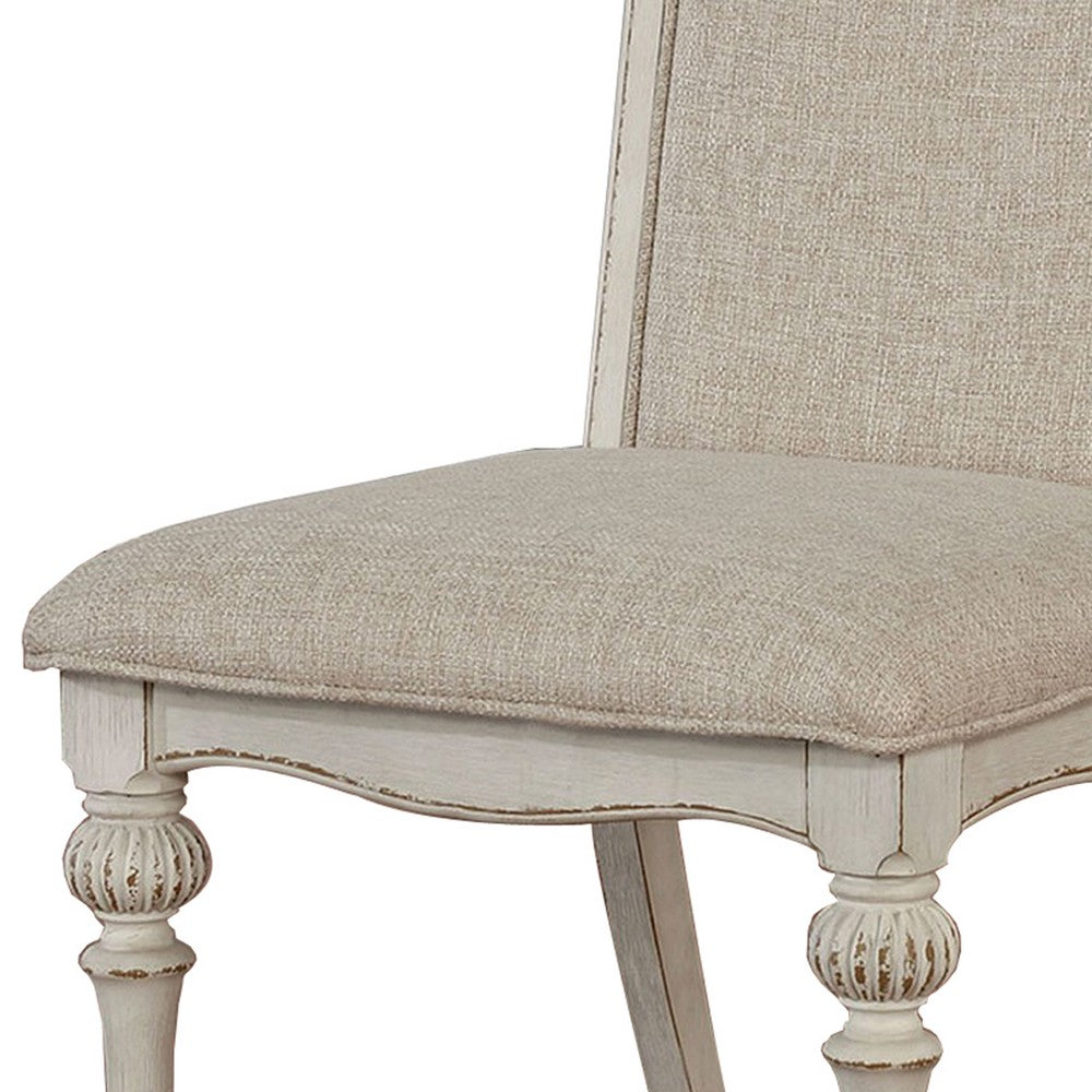 Benjara Rustic Wooden Side Chair with Intricate Carvings, Set of 2, Antique White