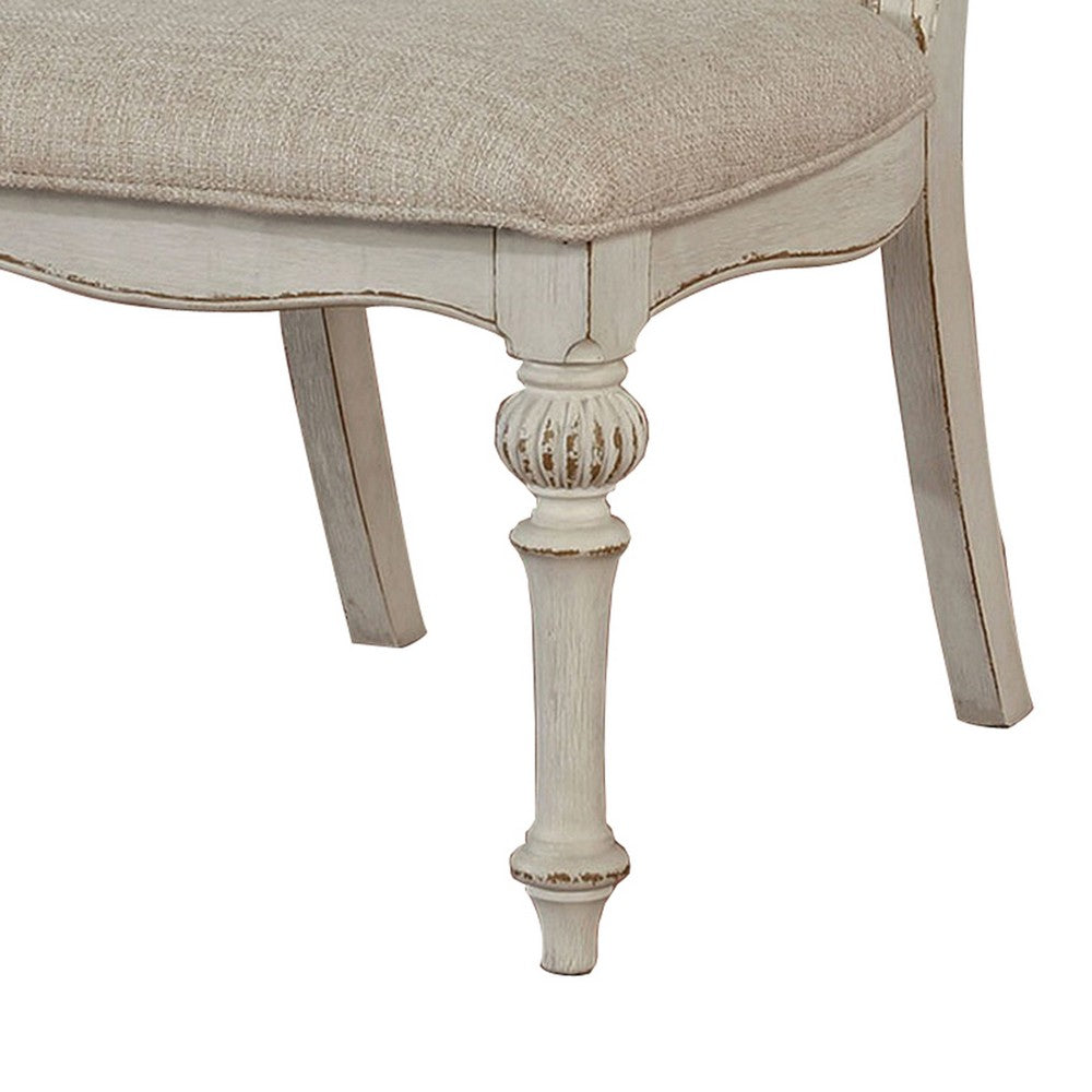 Benjara Rustic Wooden Side Chair with Intricate Carvings, Set of 2, Antique White