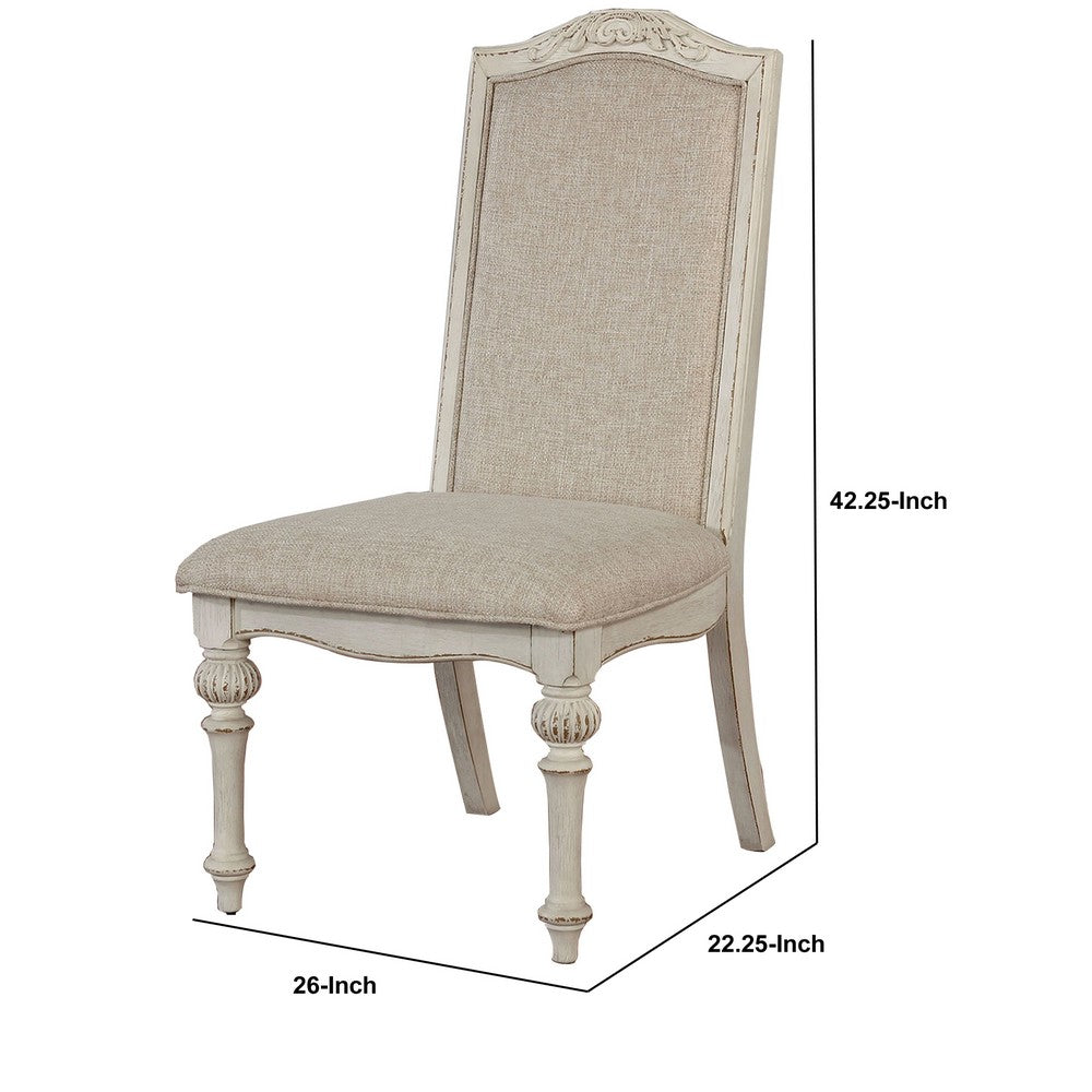 Benjara Rustic Wooden Side Chair with Intricate Carvings, Set of 2, Antique White