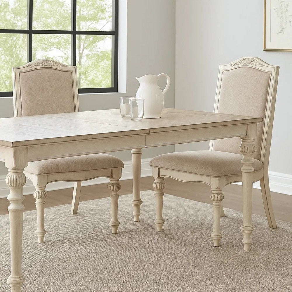 Benjara Rustic Wooden Side Chair with Intricate Carvings, Set of 2, Antique White