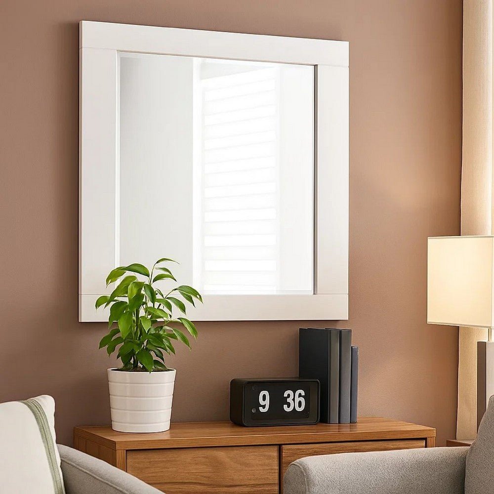 Benjara Contemporary Square Wooden Mirror With Mounting Hardware, White