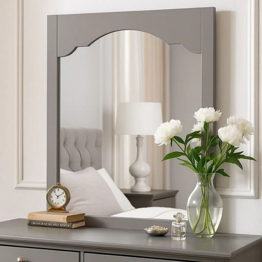 Benjara Wooden Encasing Mirror With Arched Design Top, Gray