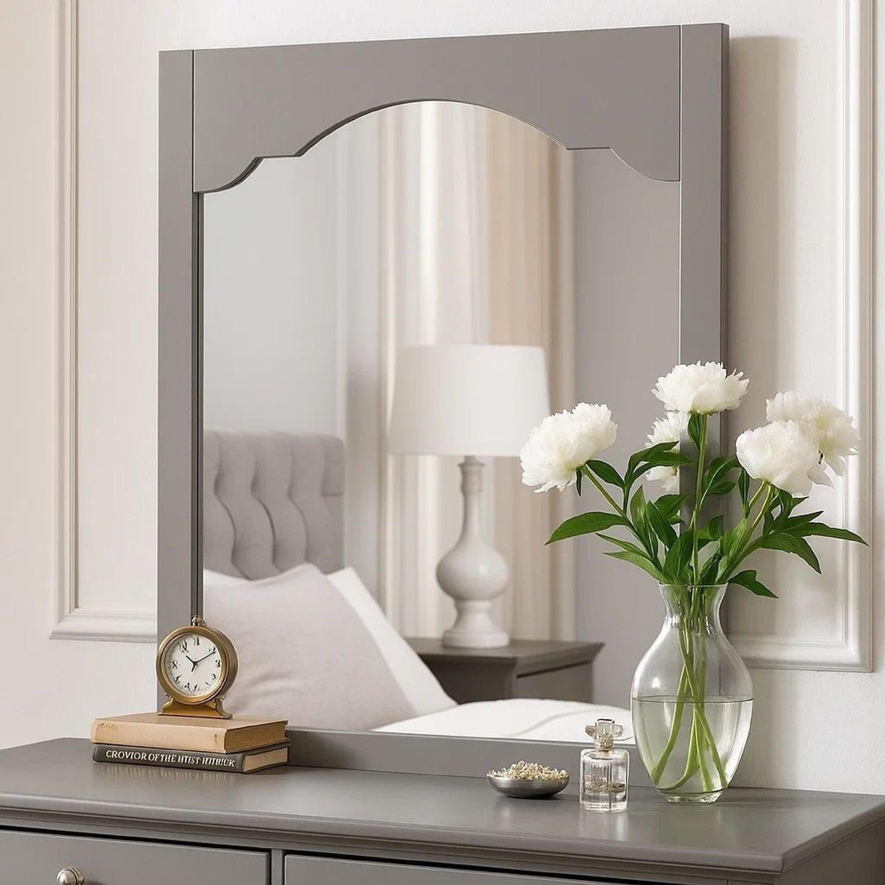 Benjara Wooden Encasing Mirror With Arched Design Top, Gray