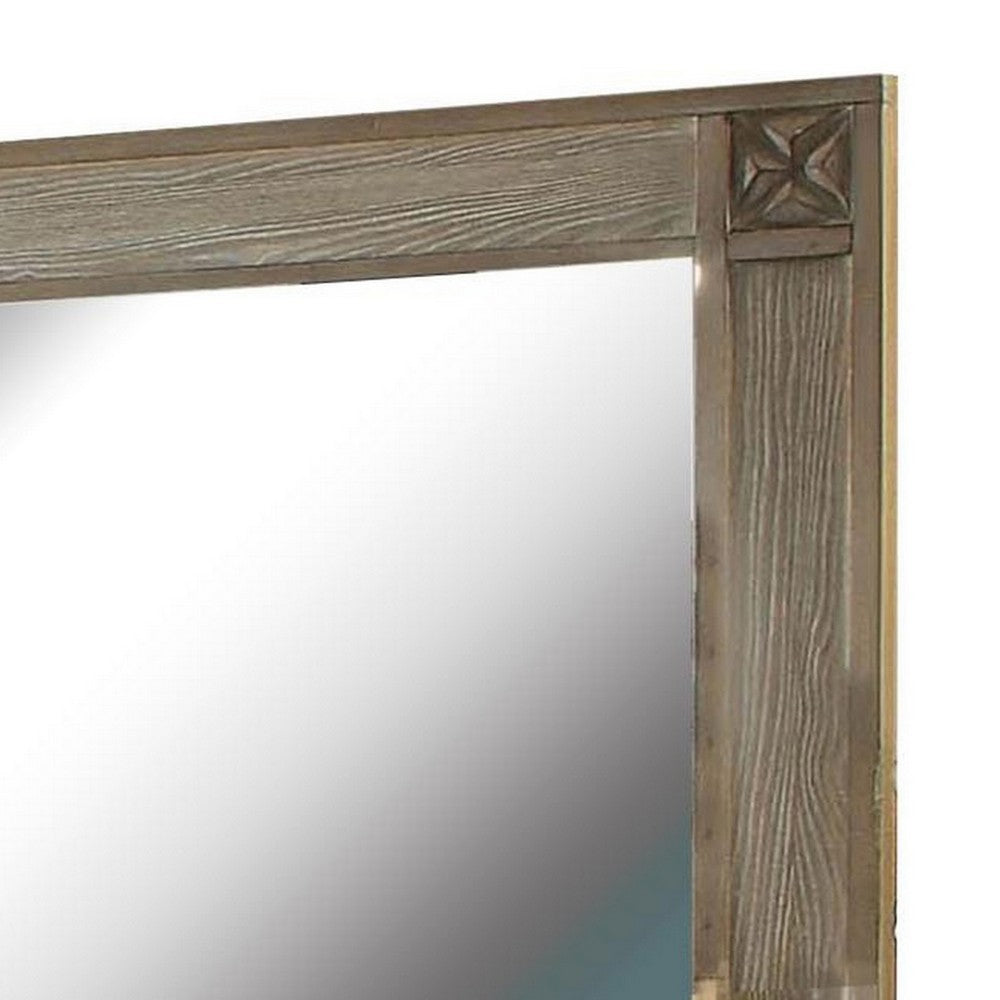 Benjara 44 Inch Rectangular Mirror With Carved Corners, Brown