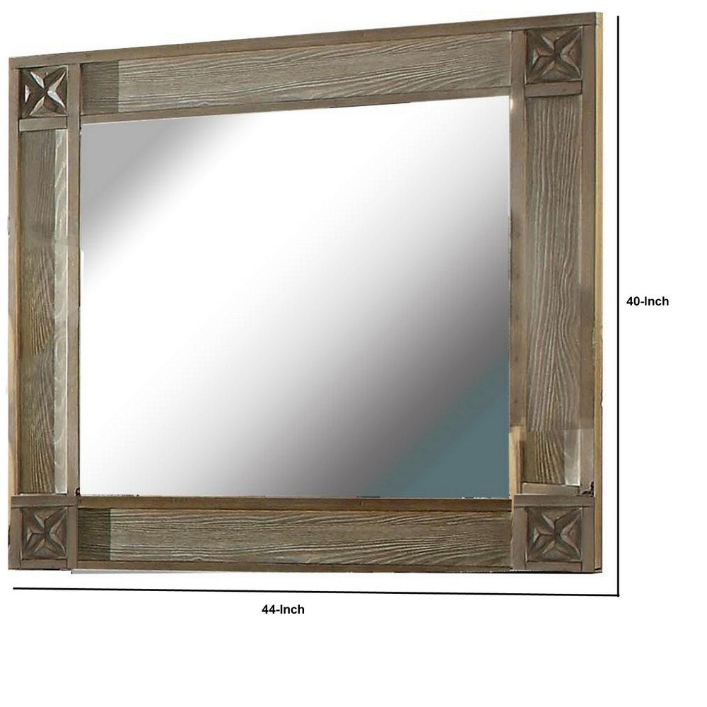 Benjara 44 Inch Rectangular Mirror With Carved Corners, Brown
