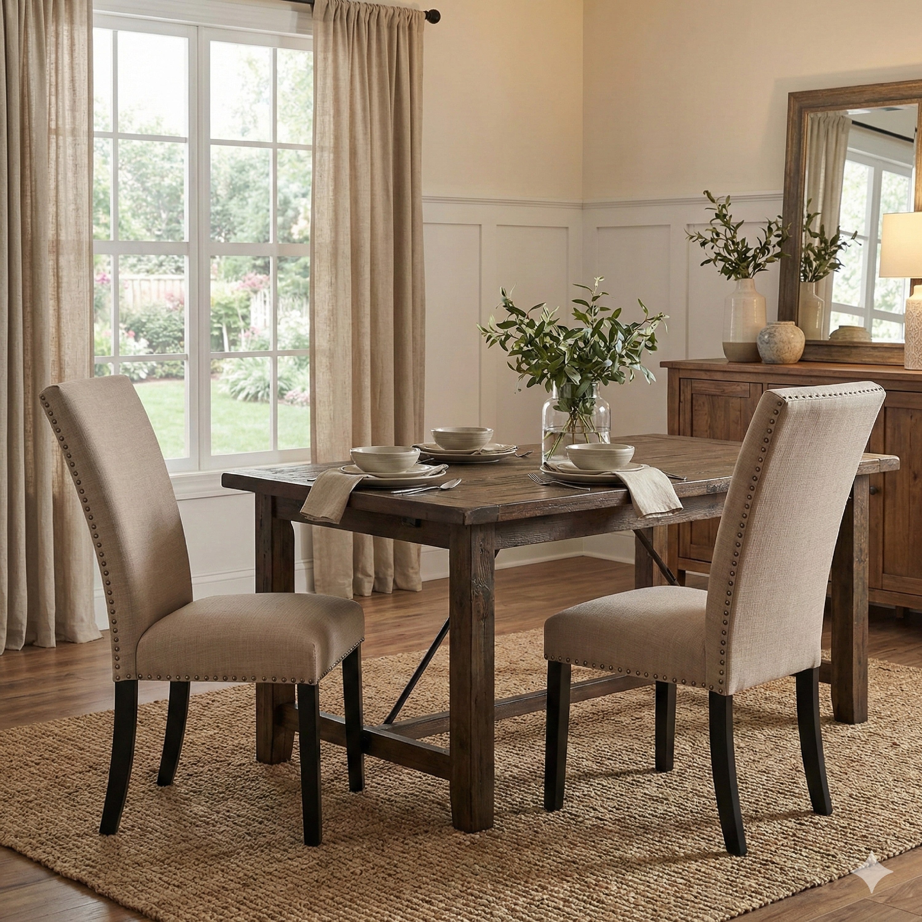 Benjara Wooden Side Chairs With Nailhead Trims, Set Of 2, Beige And Black