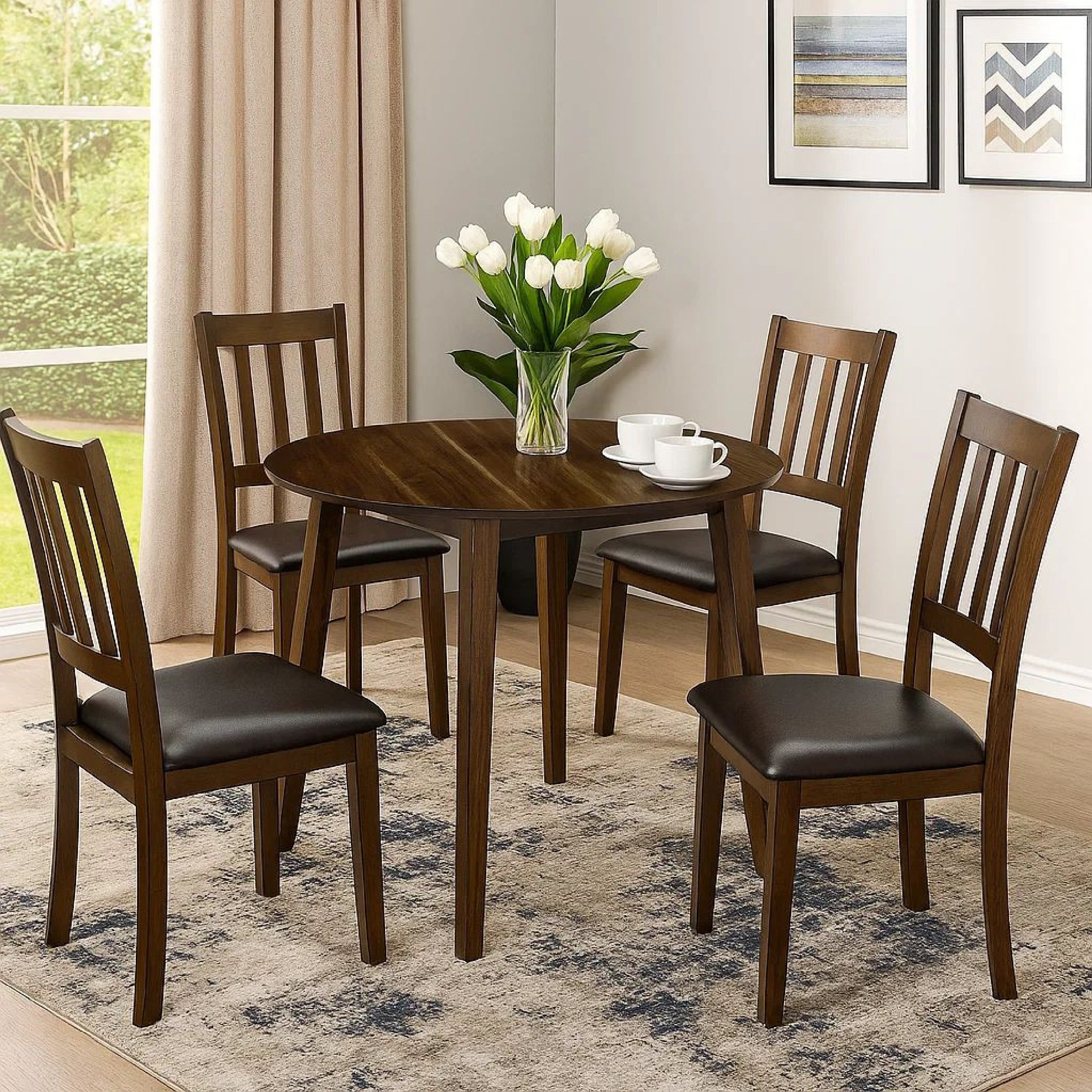 Benjara Wooden Dining Table With Ladder Back Style Chairs, Set Of 5, Brown
