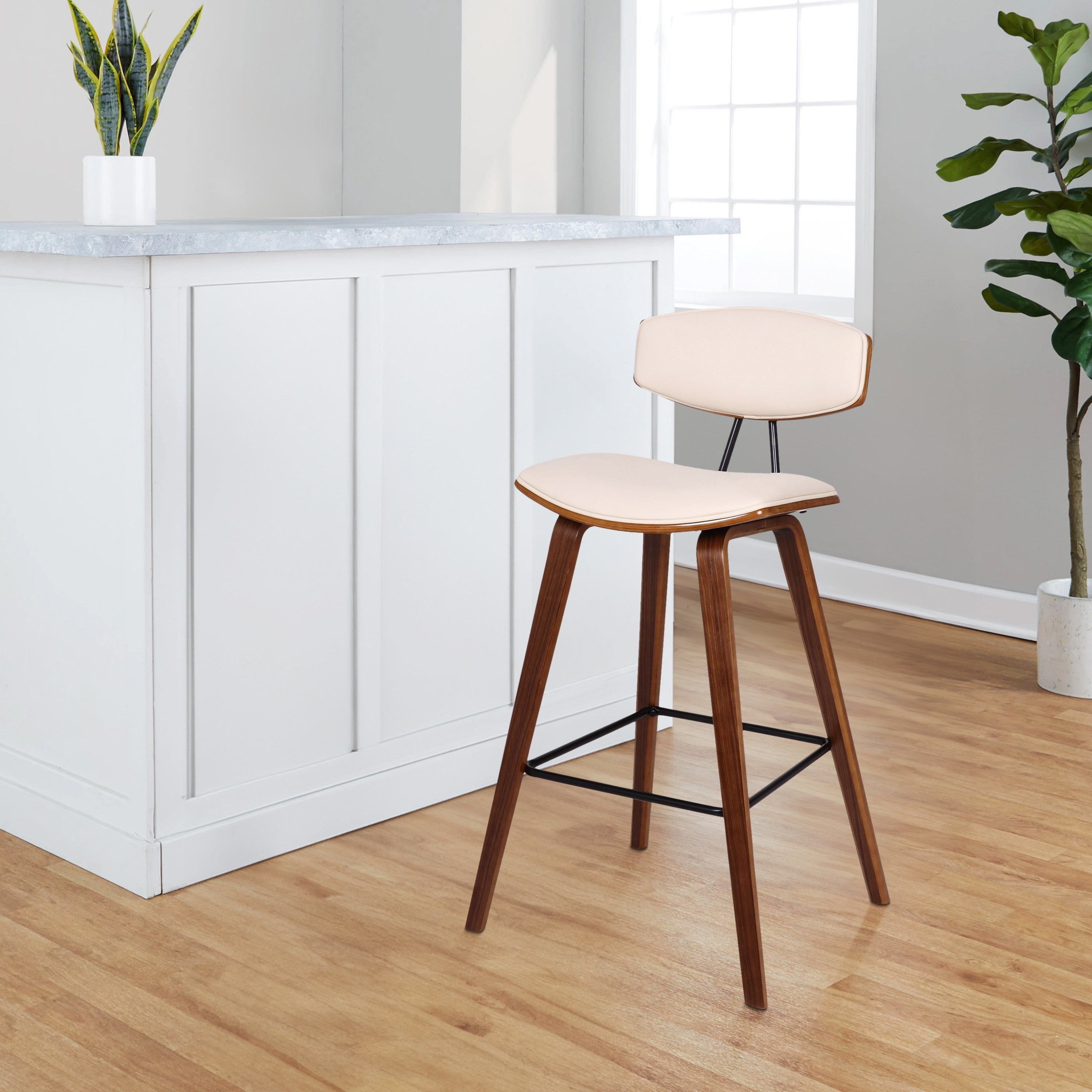 Benjara 28.5 Inches Contoured Seat Leatherette Barstool, Cream