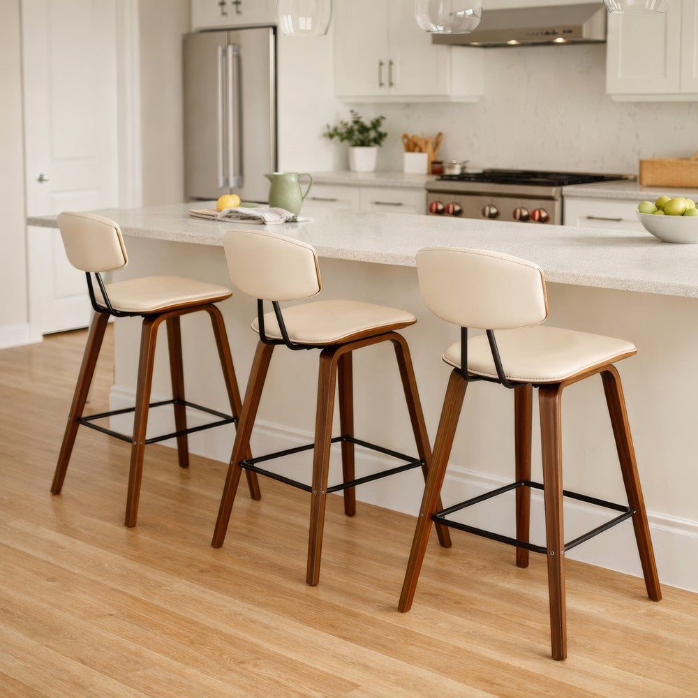 Benjara 28.5 Inches Contoured Seat Leatherette Barstool, Cream