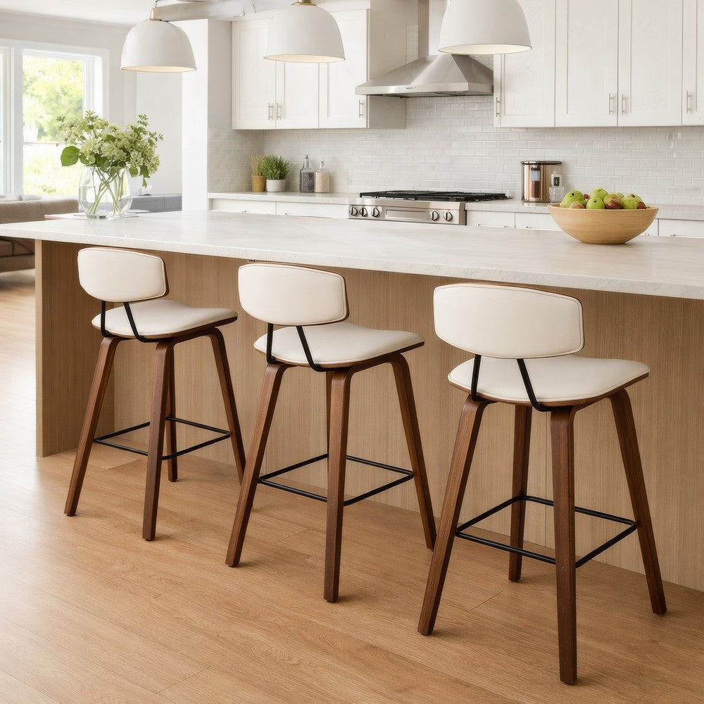 Benjara 28.5 Inches Contoured Seat Leatherette Barstool, Cream