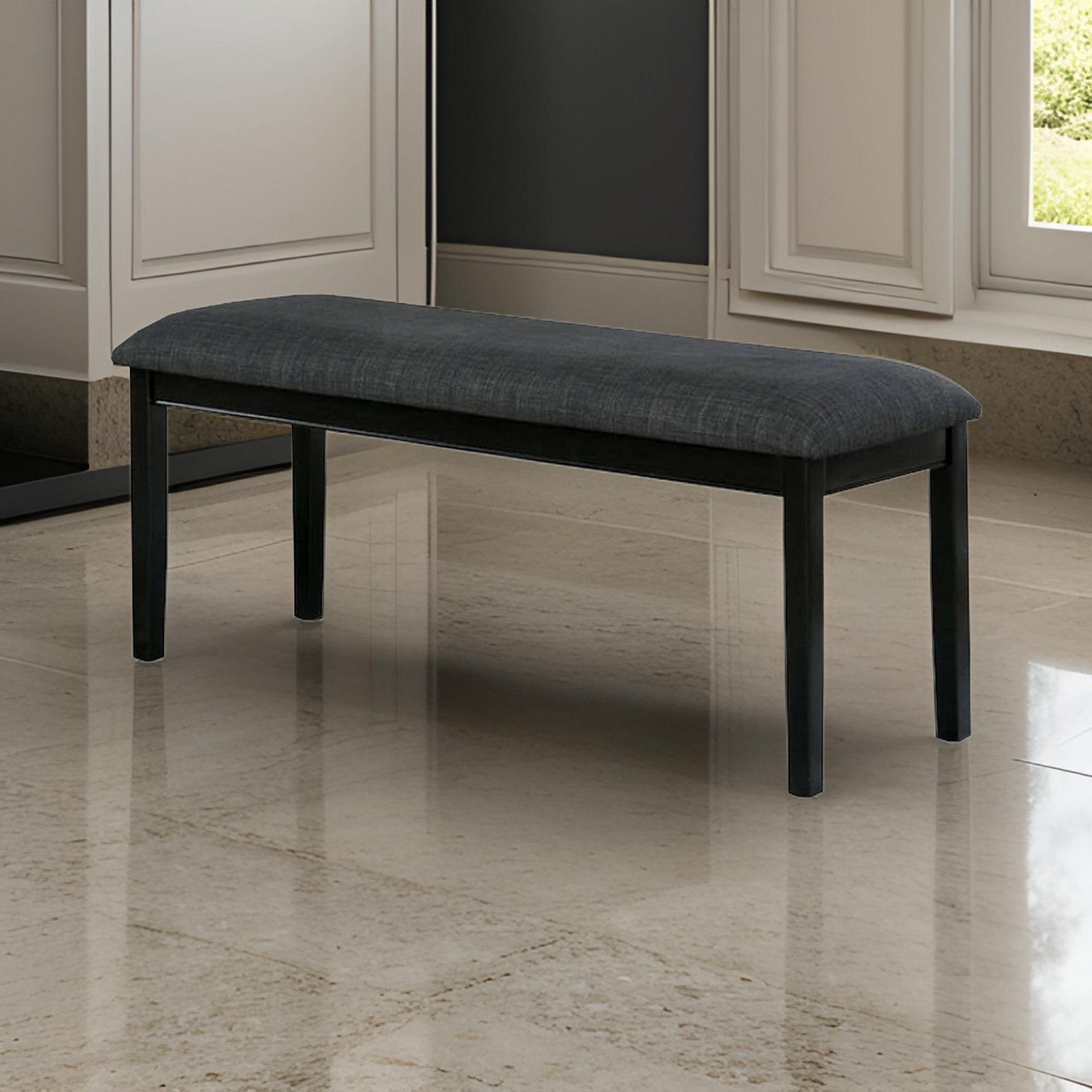 Benjara Fabric Seat Bench with Wooden Sleek Block Legs, Black And Gray