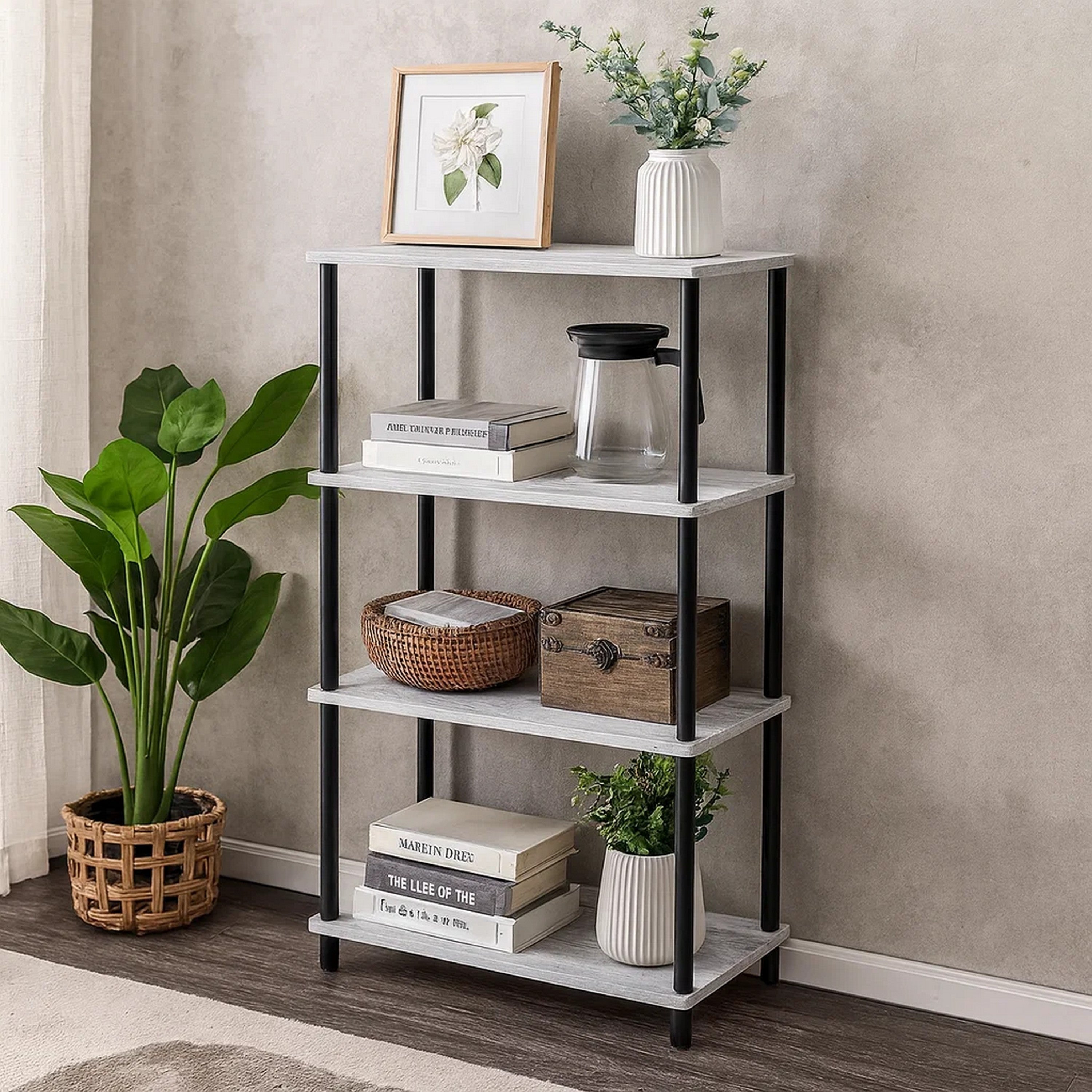 Benjara 4 Tier Design Bookshelf with Metal Tubular Legs, Antique White