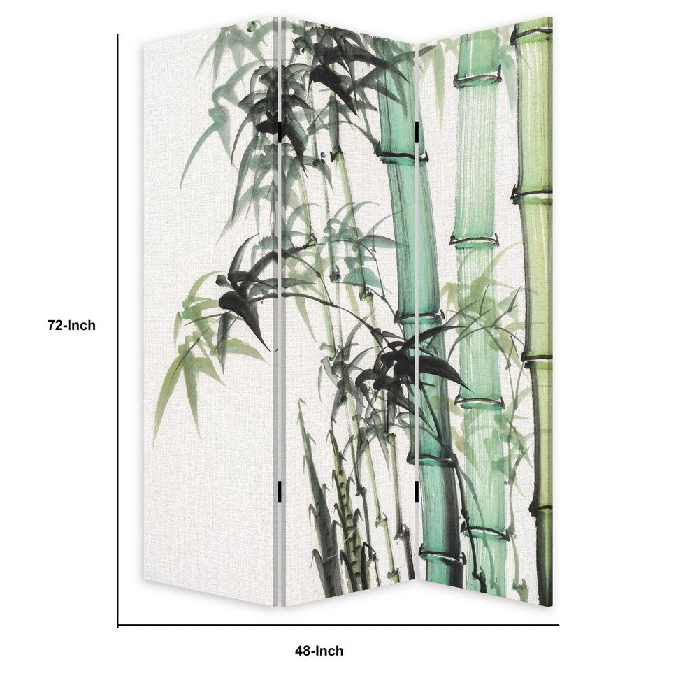 Benjara 72 Inch 3 Panel Canvas Room Divider with Bamboo Print,Multicolor