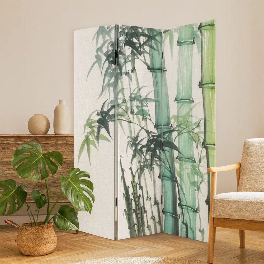 Benjara 72 Inch 3 Panel Canvas Room Divider with Bamboo Print,Multicolor