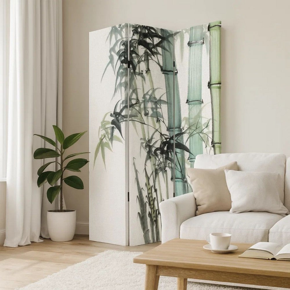 Benjara 72 Inch 3 Panel Canvas Room Divider with Bamboo Print,Multicolor
