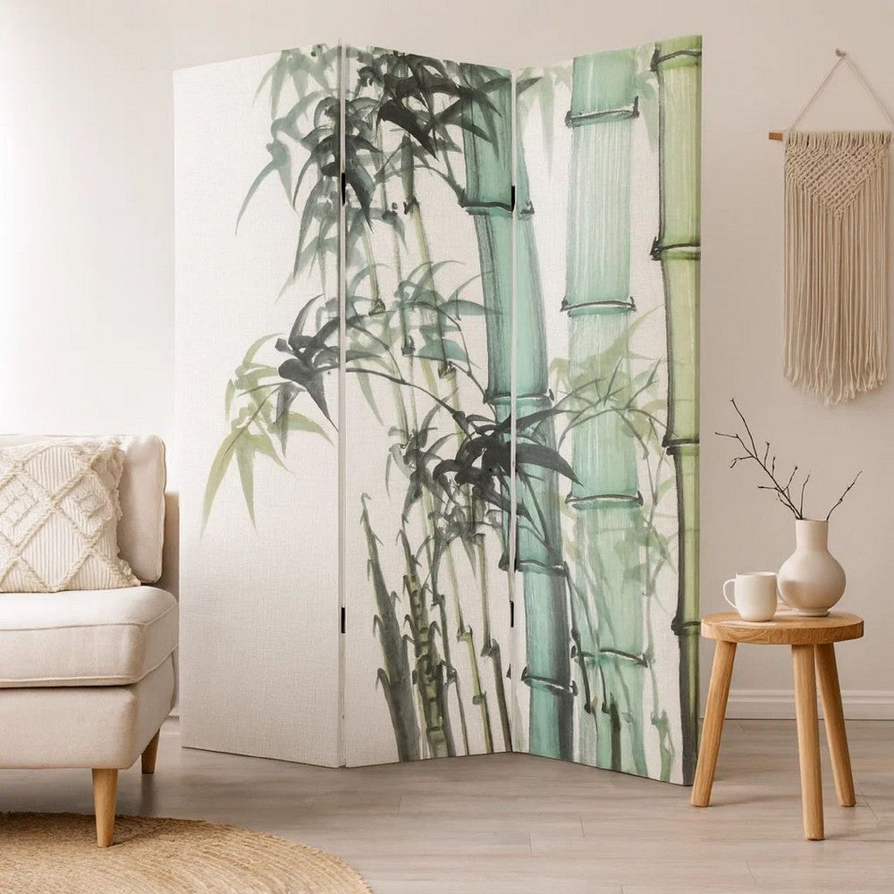 Benjara 72 Inch 3 Panel Canvas Room Divider with Bamboo Print,Multicolor