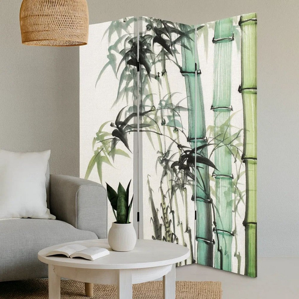 Benjara 72 Inch 3 Panel Canvas Room Divider with Bamboo Print,Multicolor