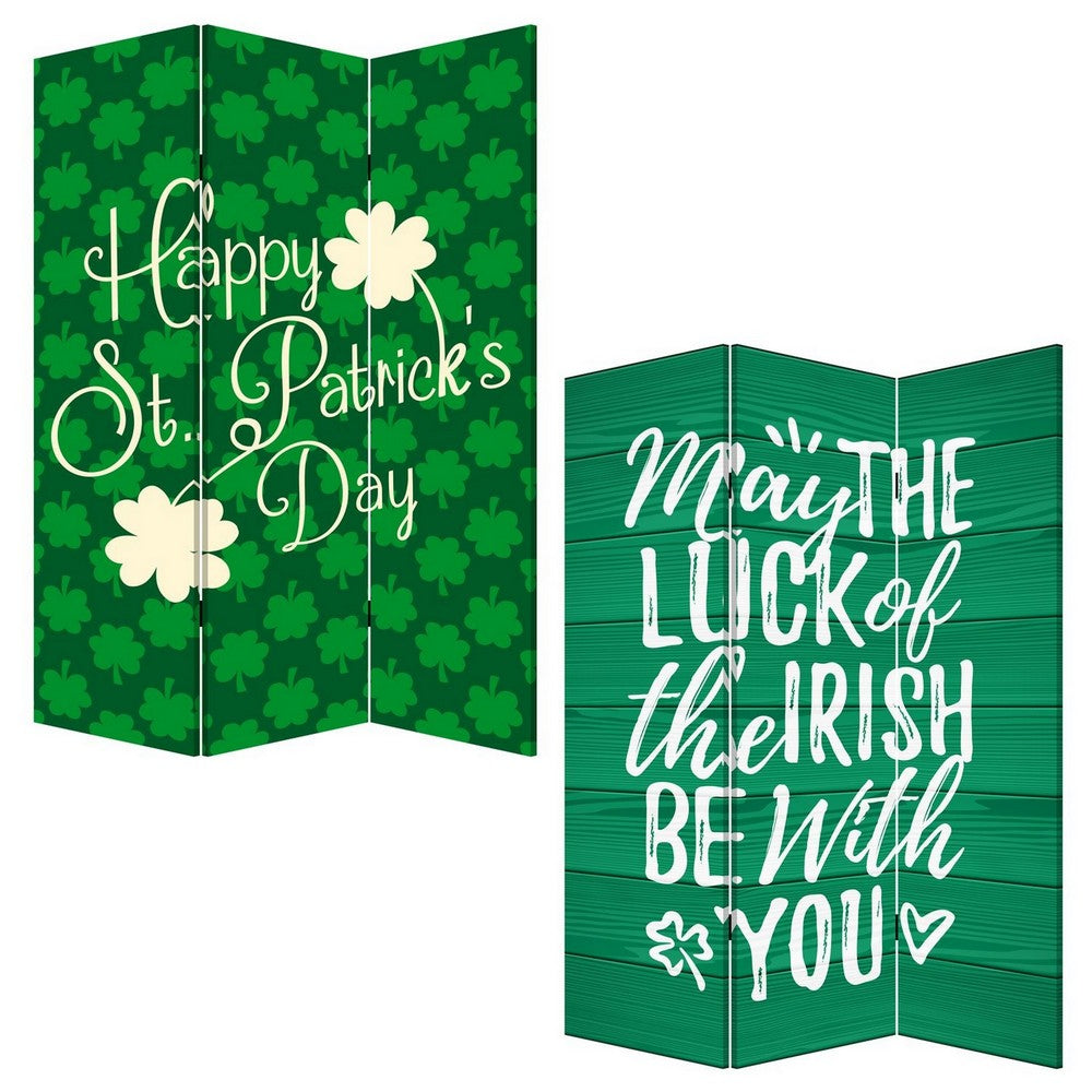 Benjara 72 Inch 3 Panel Canvas St Patricks Day Print Room Divider,Green