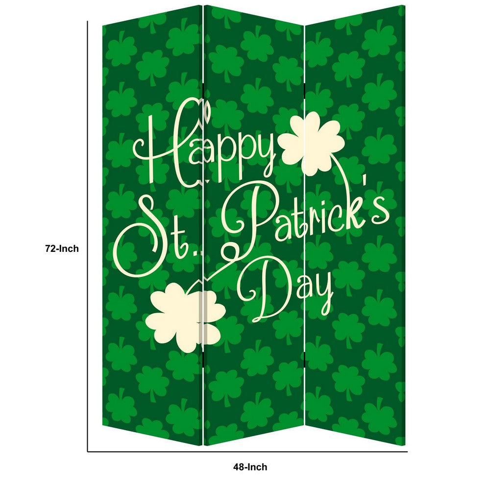 Benjara 72 Inch 3 Panel Canvas St Patricks Day Print Room Divider,Green
