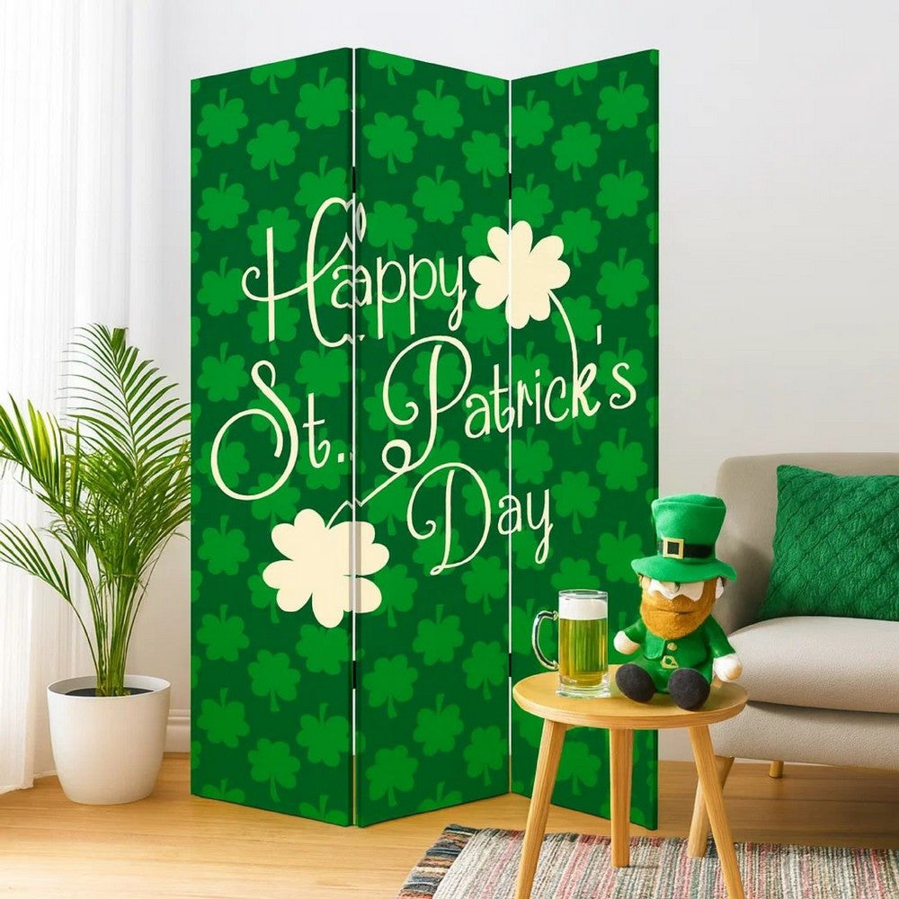 Benjara 72 Inch 3 Panel Canvas St Patricks Day Print Room Divider,Green