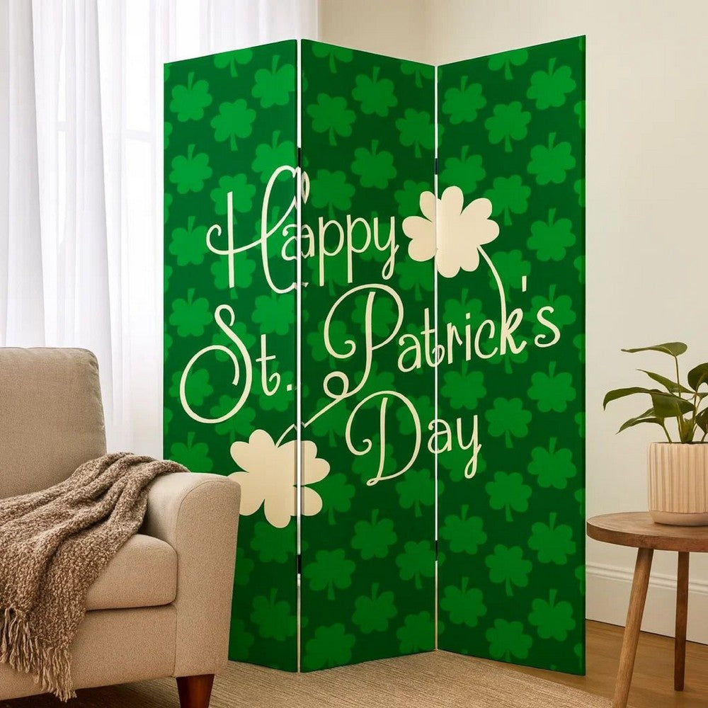 Benjara 72 Inch 3 Panel Canvas St Patricks Day Print Room Divider,Green