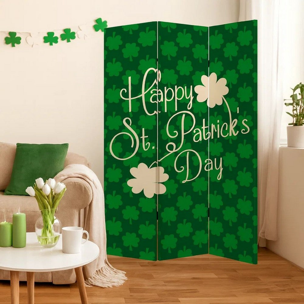 Benjara 72 Inch 3 Panel Canvas St Patricks Day Print Room Divider,Green