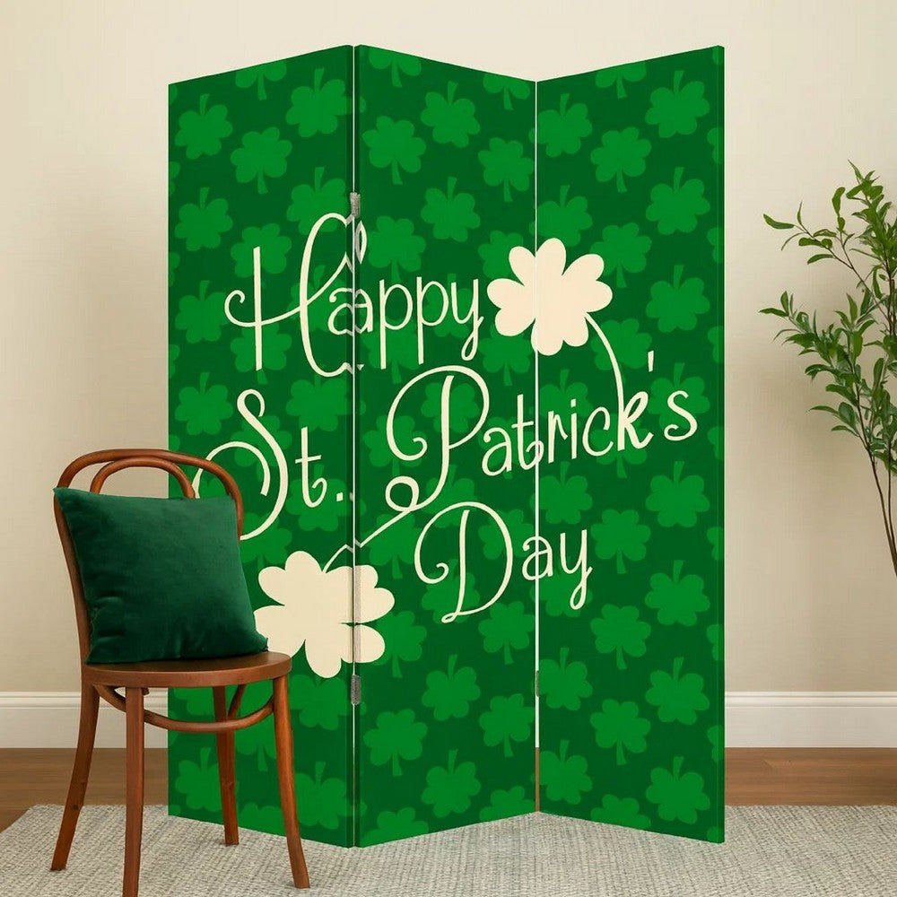 Benjara 72 Inch 3 Panel Canvas St Patricks Day Print Room Divider,Green