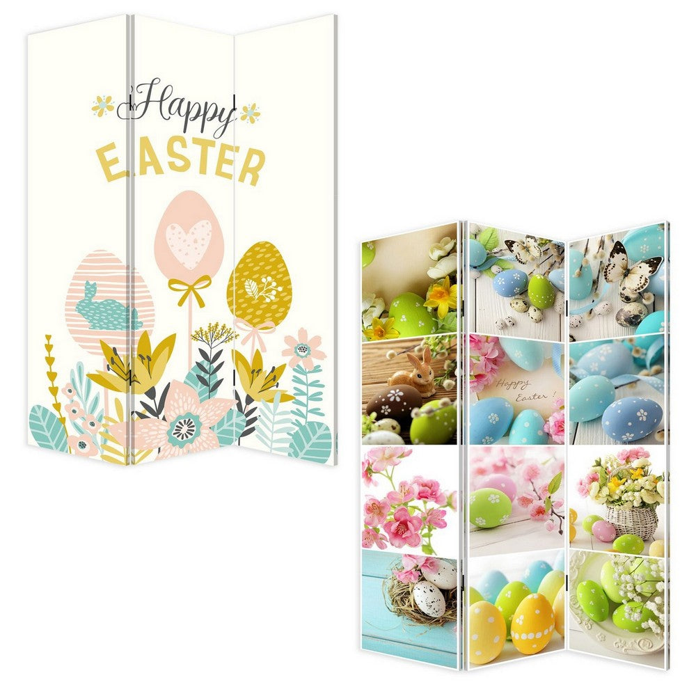 Benjara 72 Inch 3 Panel Canvas Room Divider with Easter Print,Multicolor