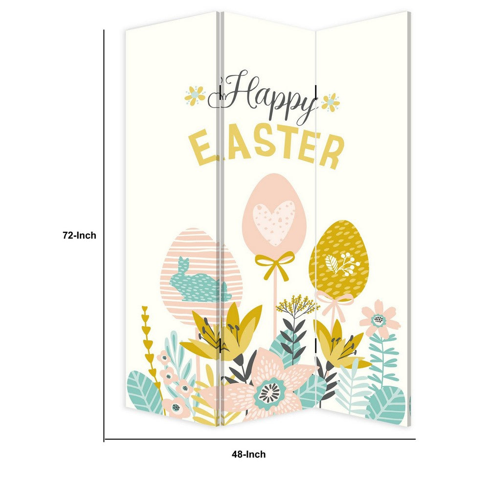 Benjara 72 Inch 3 Panel Canvas Room Divider with Easter Print,Multicolor