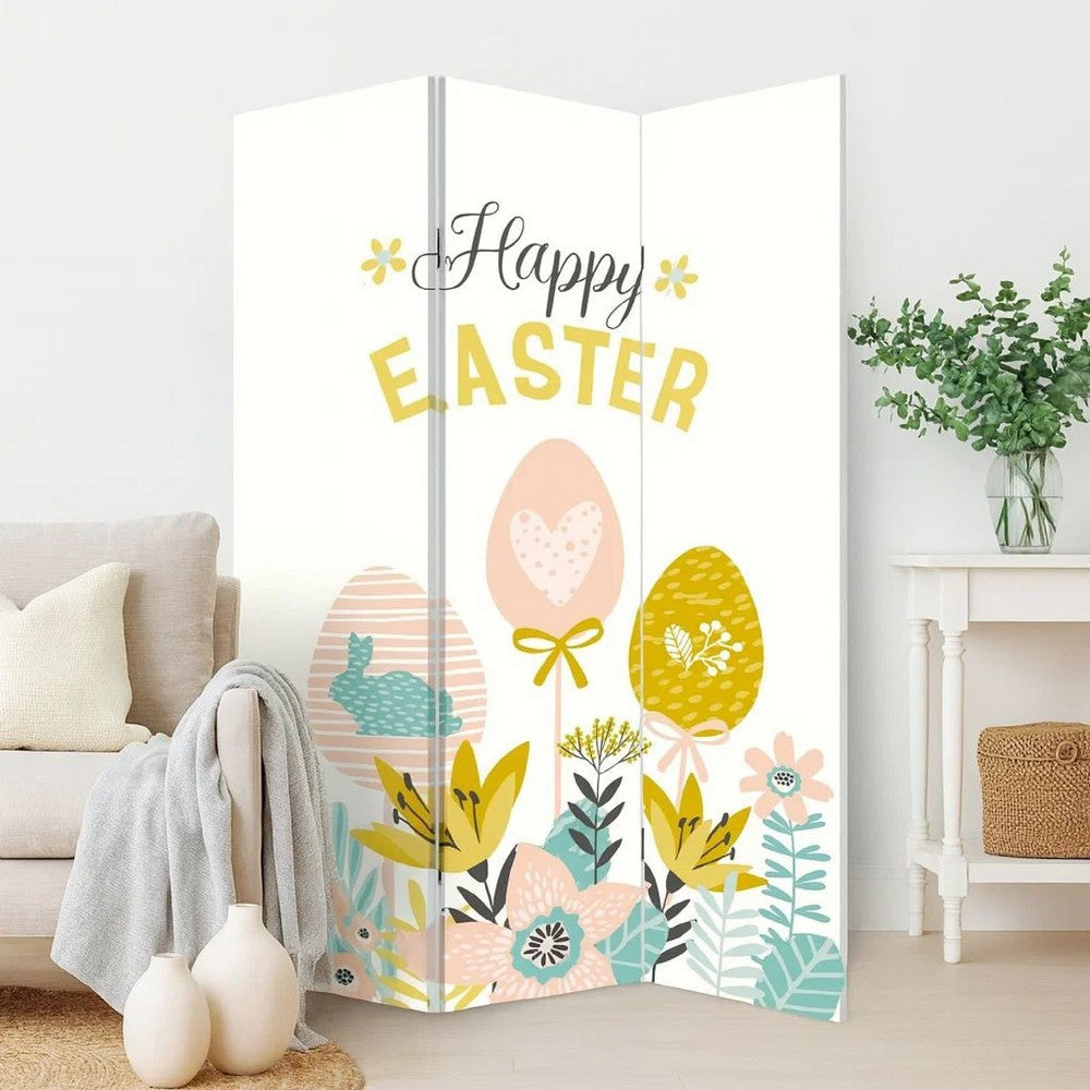 Benjara 72 Inch 3 Panel Canvas Room Divider with Easter Print,Multicolor