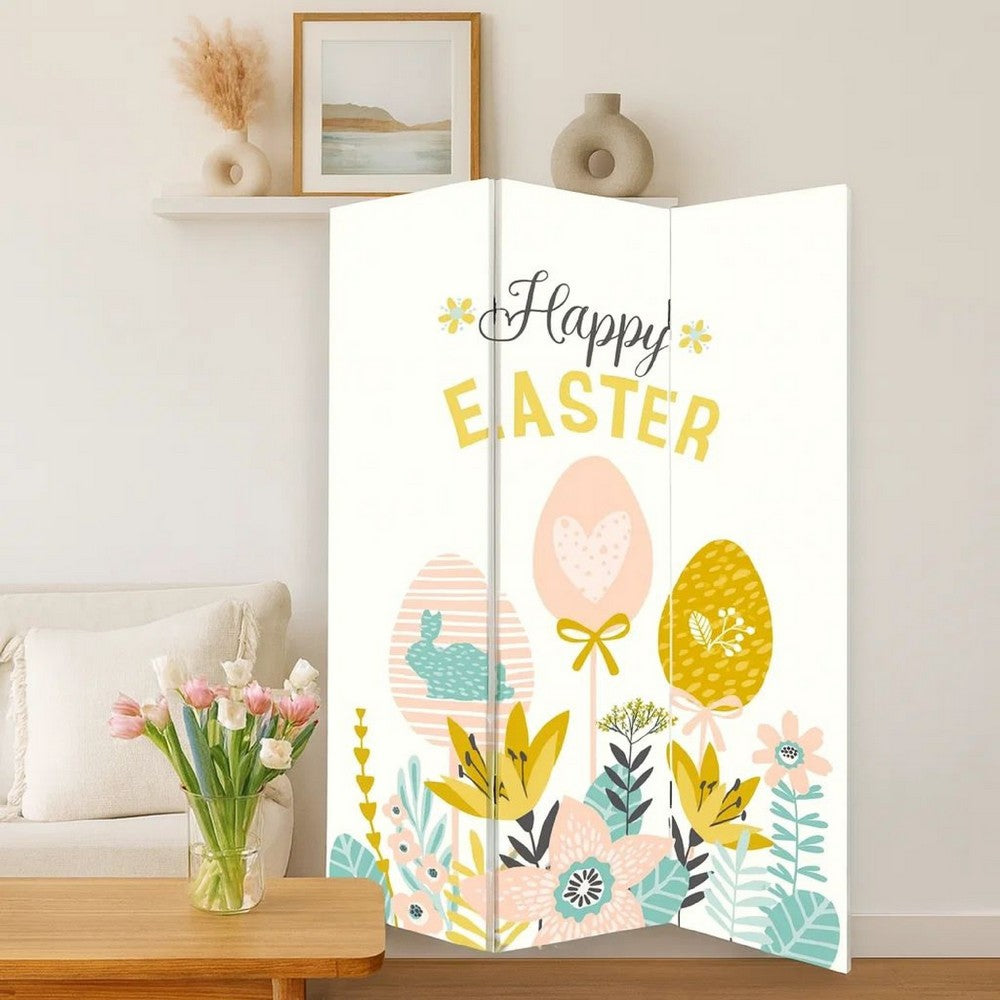 Benjara 72 Inch 3 Panel Canvas Room Divider with Easter Print,Multicolor
