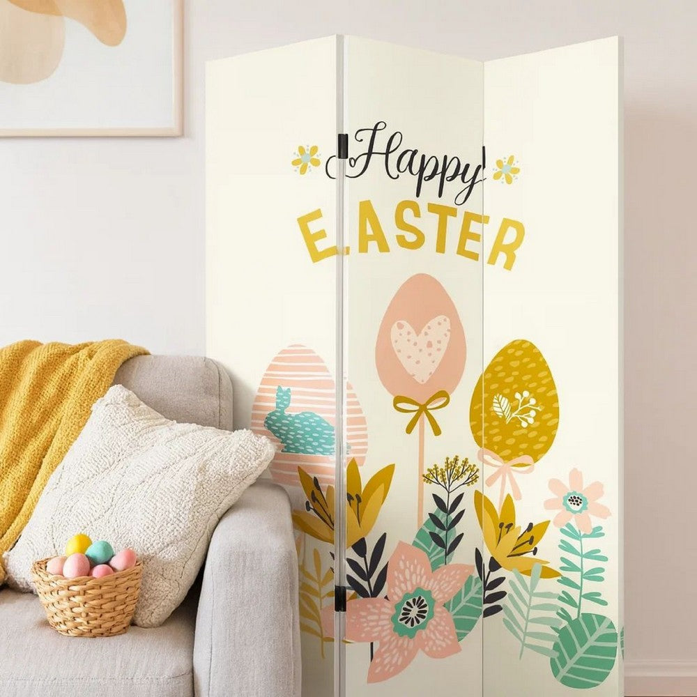 Benjara 72 Inch 3 Panel Canvas Room Divider with Easter Print,Multicolor
