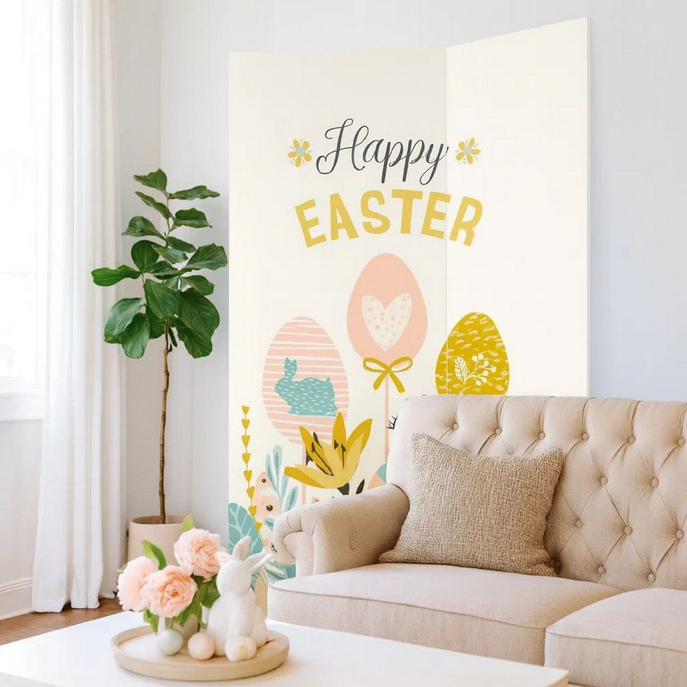 Benjara 72 Inch 3 Panel Canvas Room Divider with Easter Print,Multicolor
