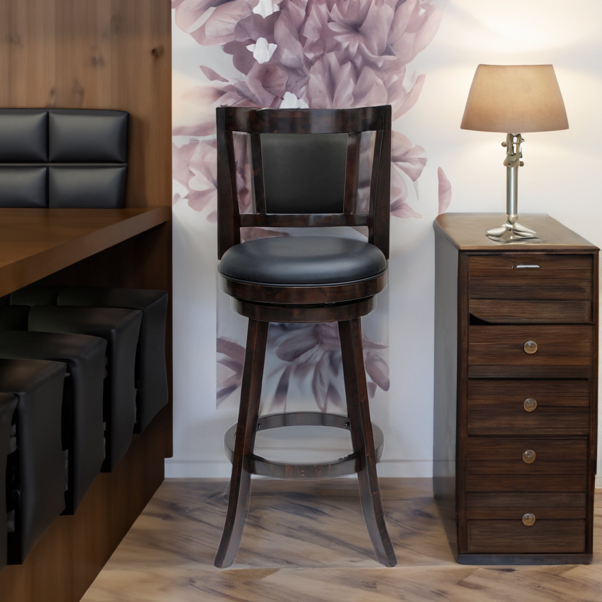 Benjara 24 Inches Swivel Wooden Frame Counter Stool With Padded Back, Dark Brown