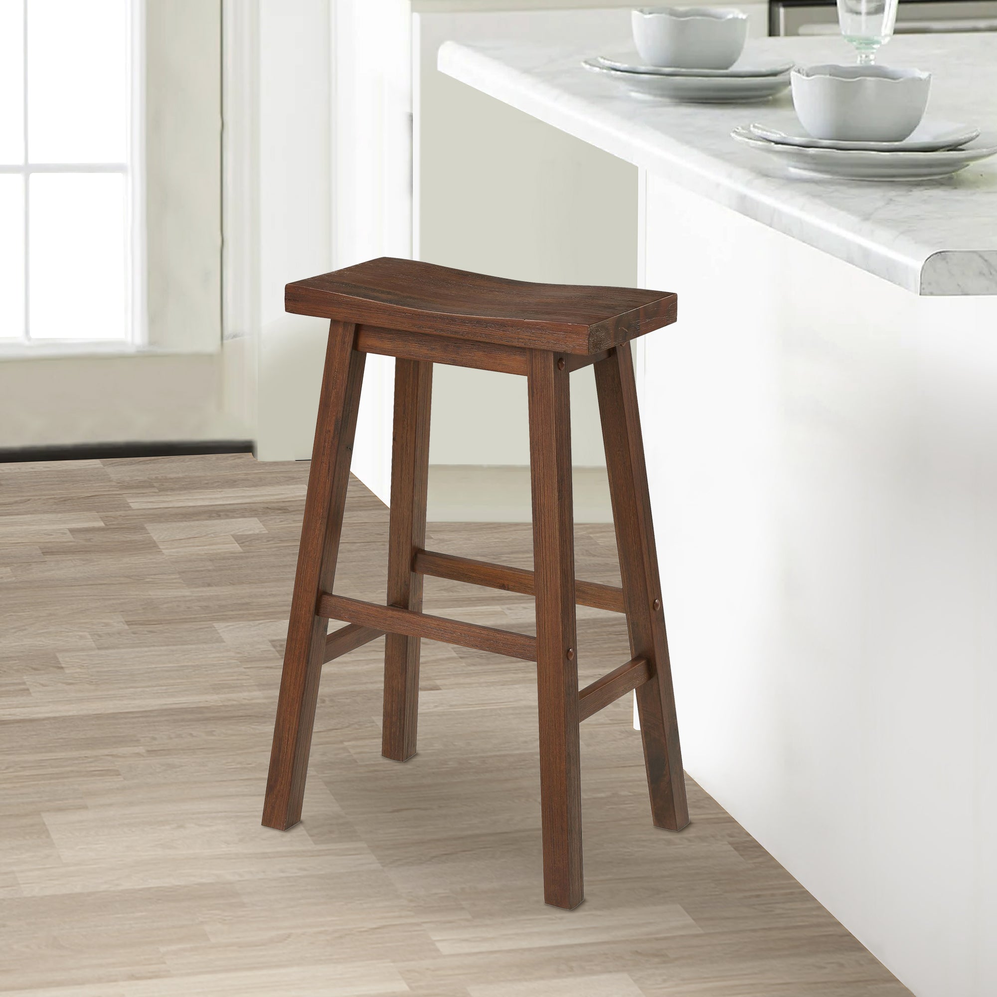 Benjara Saddle Design Wooden Barstool With Grain Details, Brown