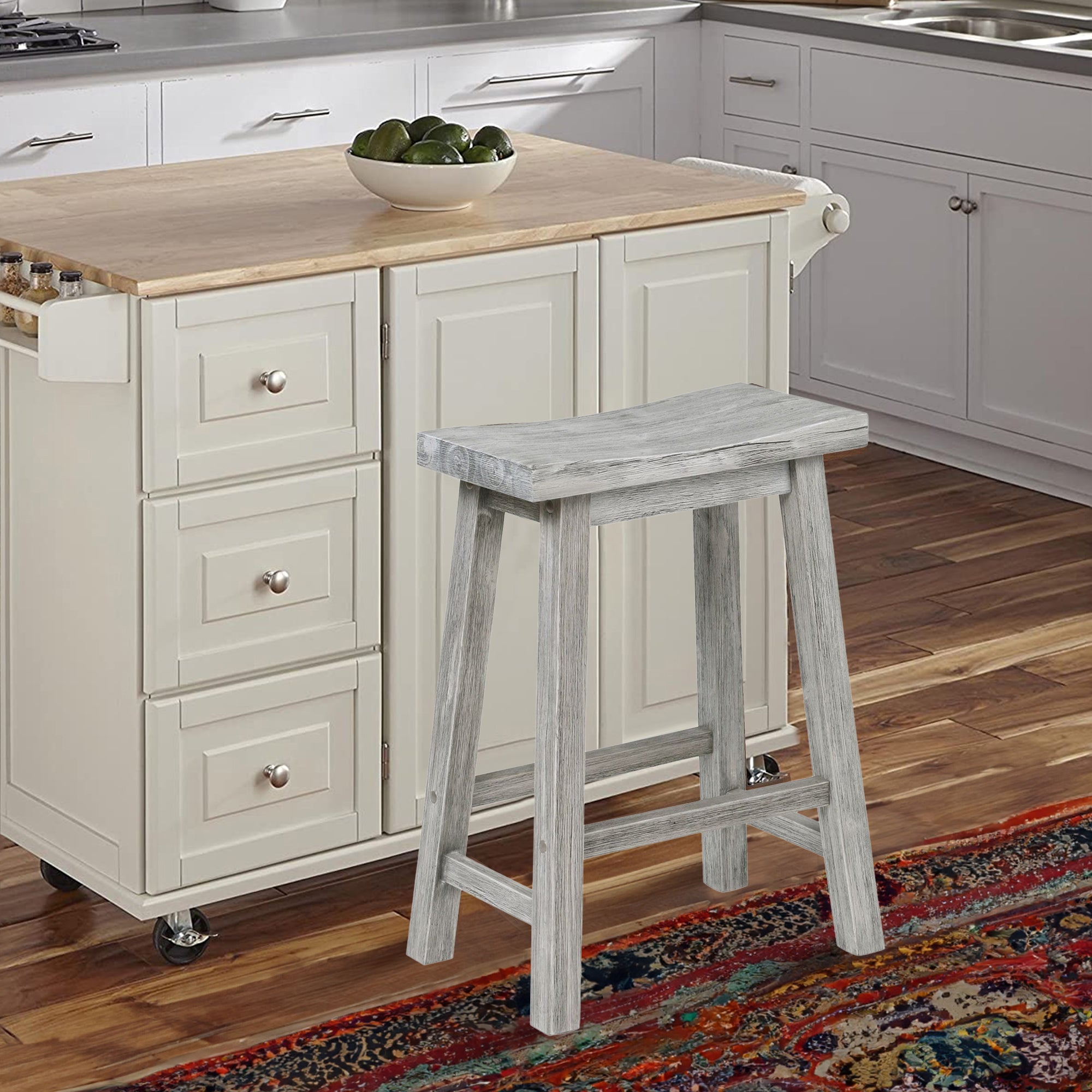 Benjara Saddle Design Wooden Counter Stool With Grain Details, Gray