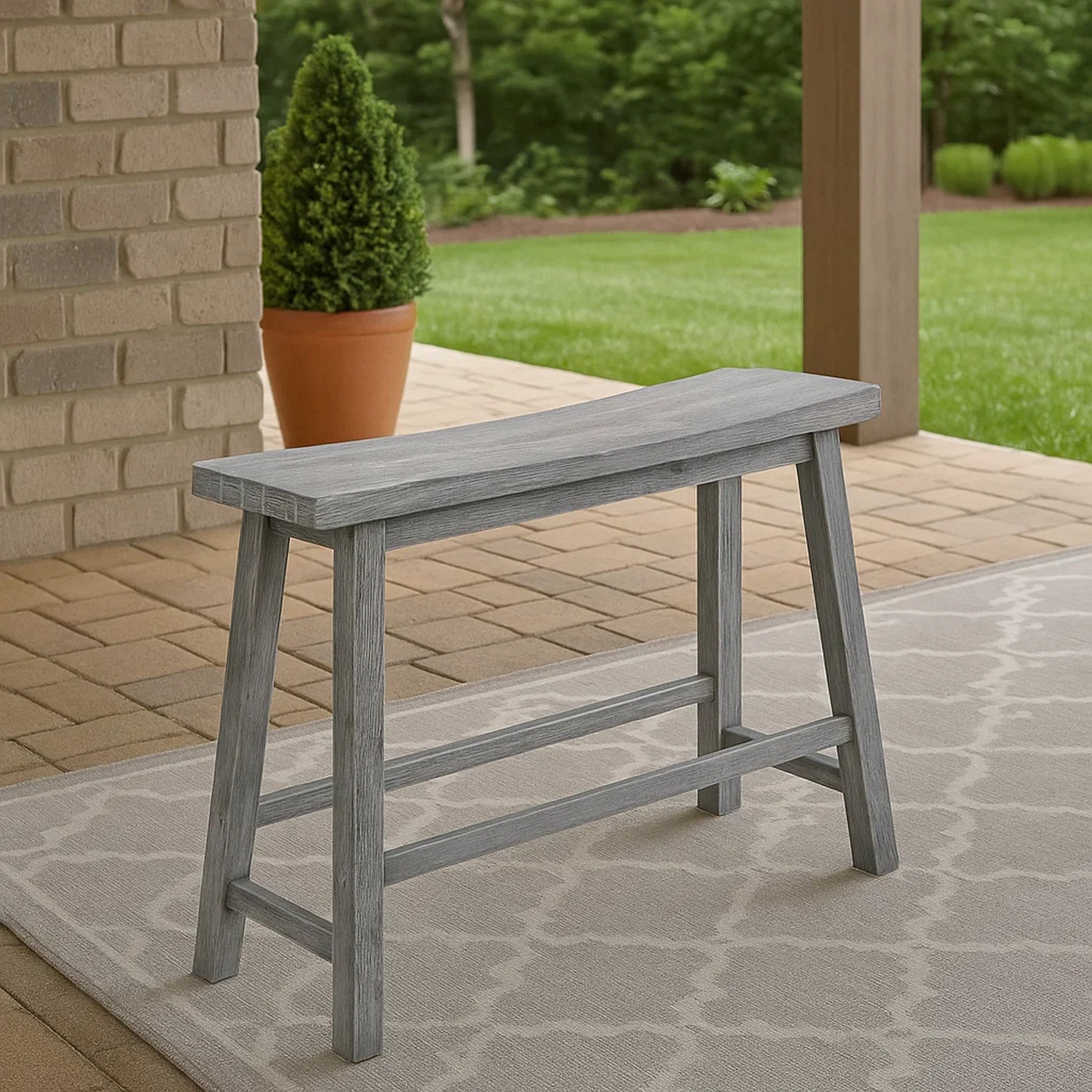 Benjara Saddle Design Wooden Bench With Grain Details, Gray