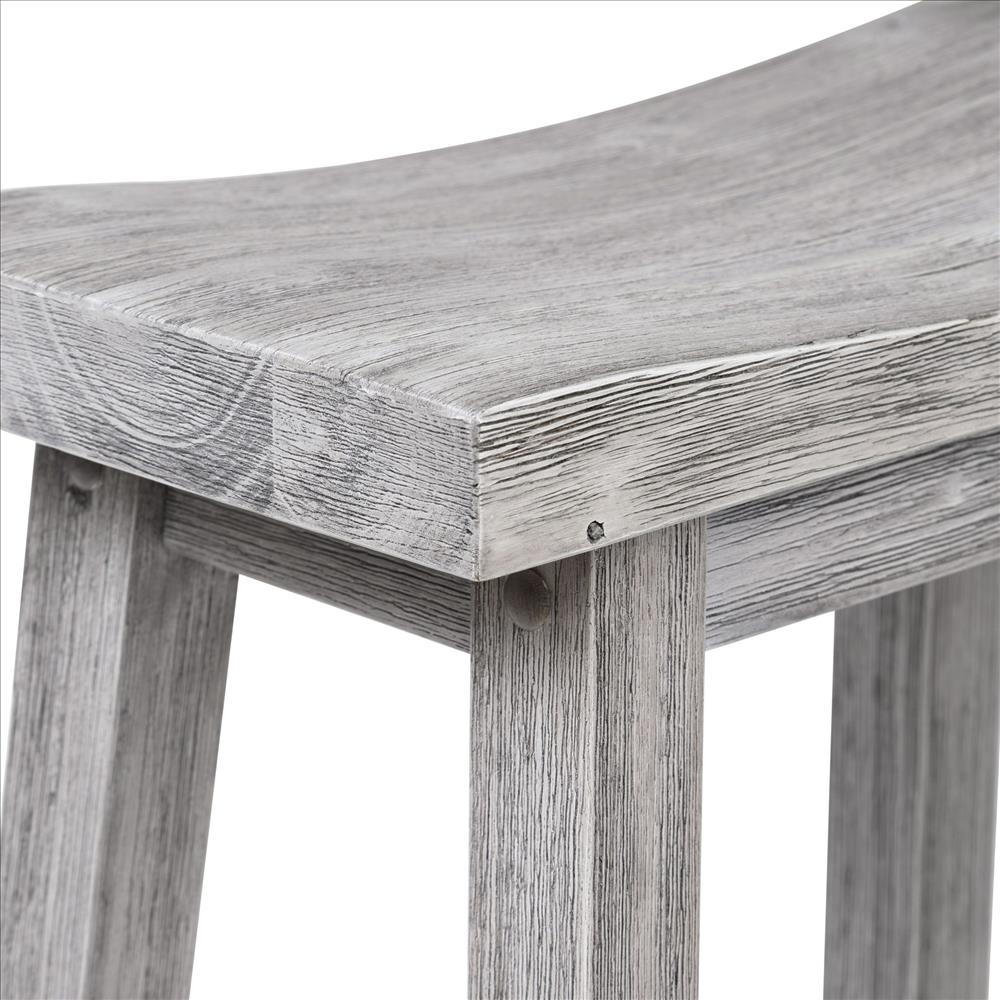 Benjara Saddle Design Wooden Barstool With Grain Details, Gray