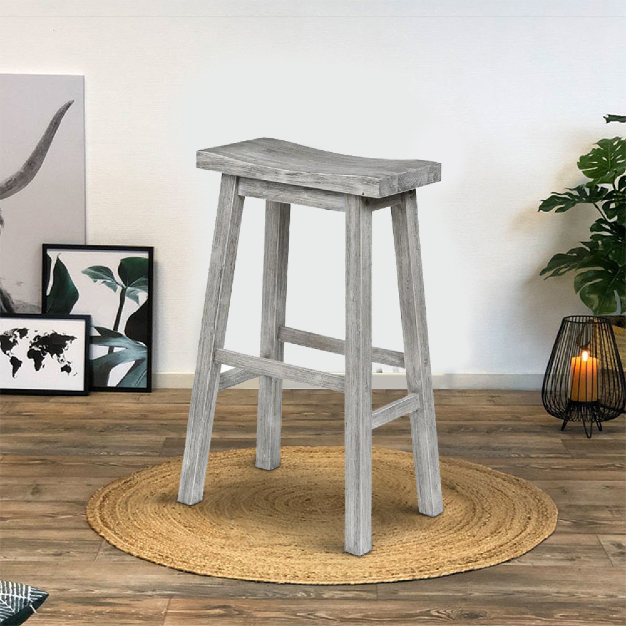 Benjara Saddle Design Wooden Barstool With Grain Details, Gray