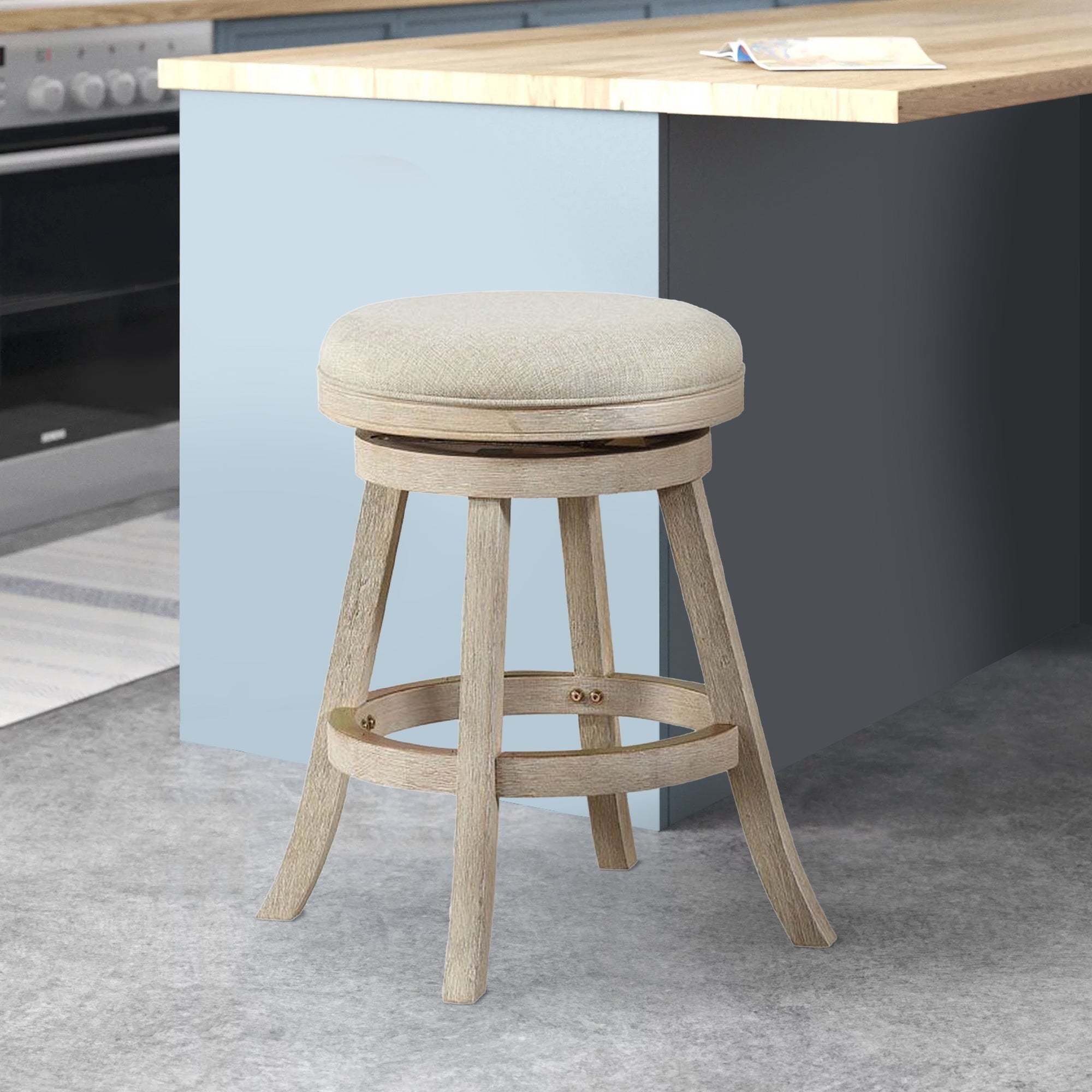 Benjara Wooden Swivel Counter Stool With Round Fabric Seat, Gray