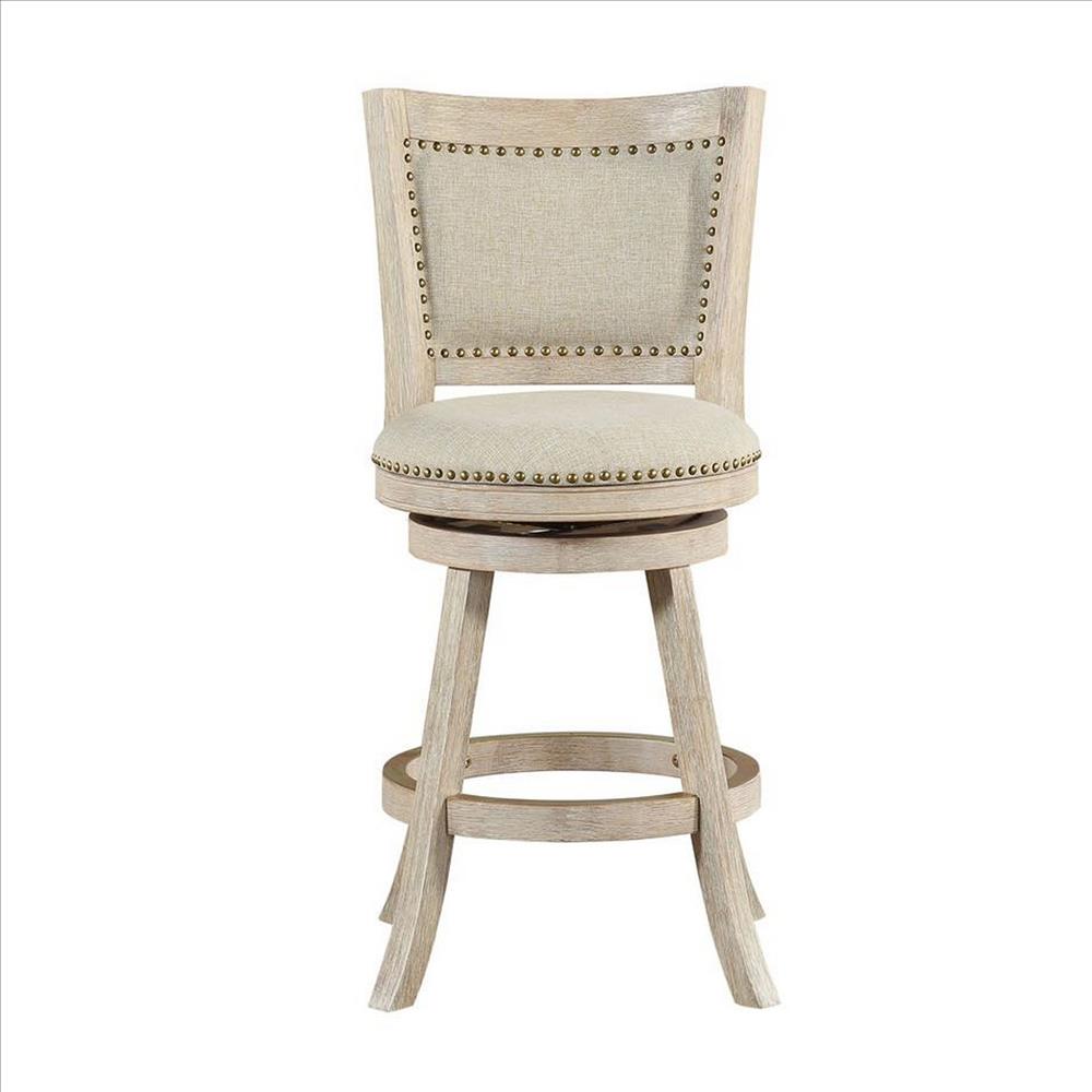 Benjara Curved Back Wooden Swivel Counter Stool With Nailhead Trim, Gray