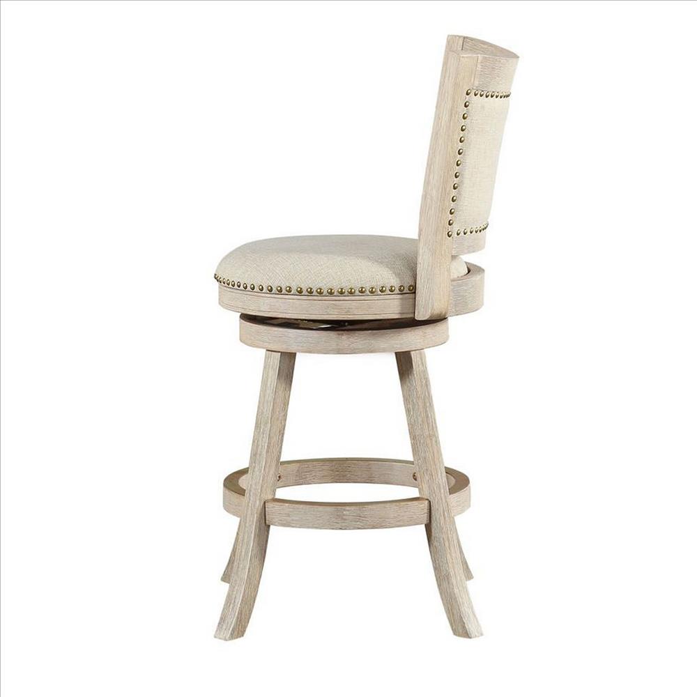 Benjara Curved Back Wooden Swivel Counter Stool With Nailhead Trim, Gray