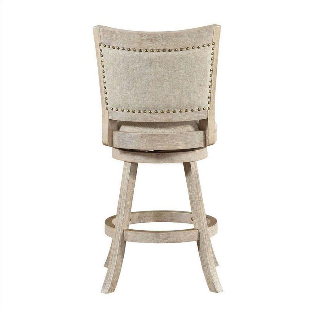 Benjara Curved Back Wooden Swivel Counter Stool With Nailhead Trim, Gray