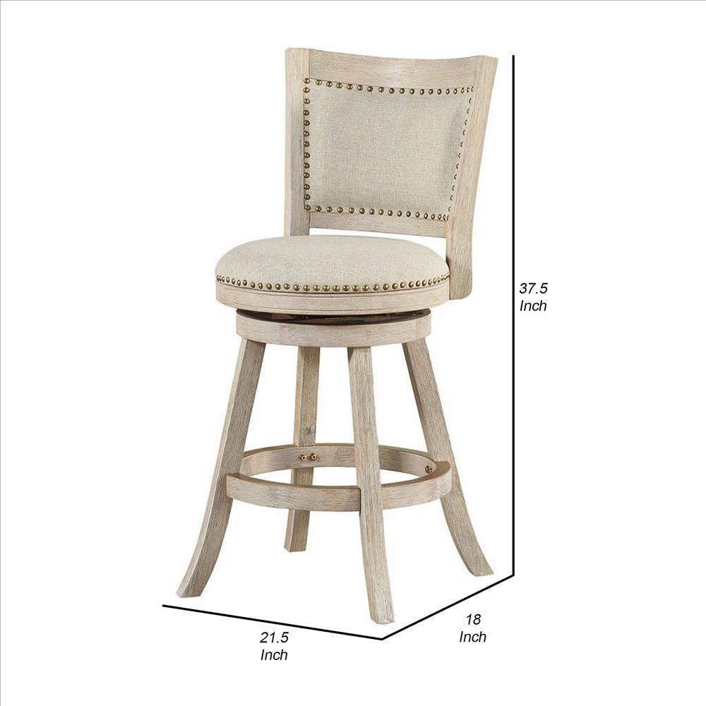 Benjara Curved Back Wooden Swivel Counter Stool With Nailhead Trim, Gray