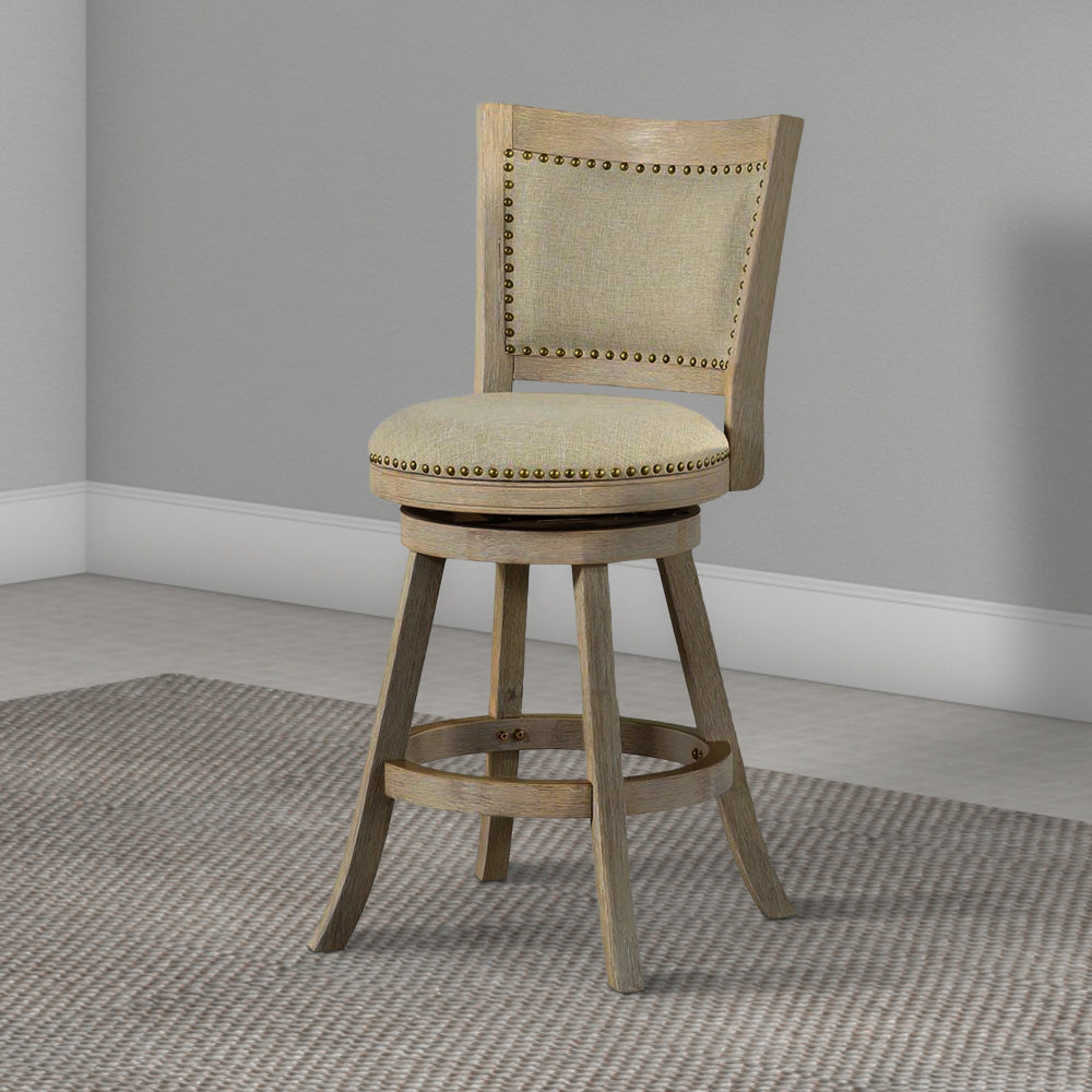 Benjara Curved Back Wooden Swivel Counter Stool With Nailhead Trim, Gray