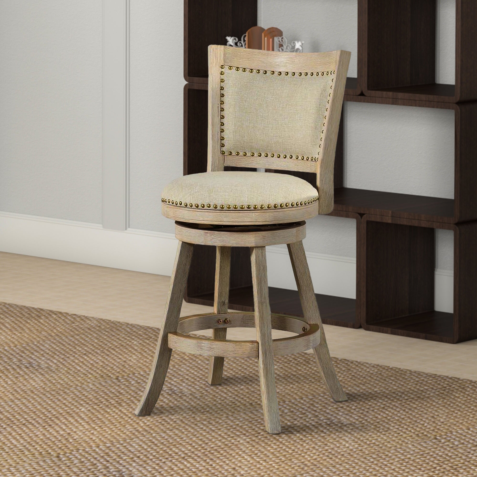 Benjara Curved Back Wood Swivel Counter Stool, Nailhead Trim, Driftwood Wire-Brush, Ivory