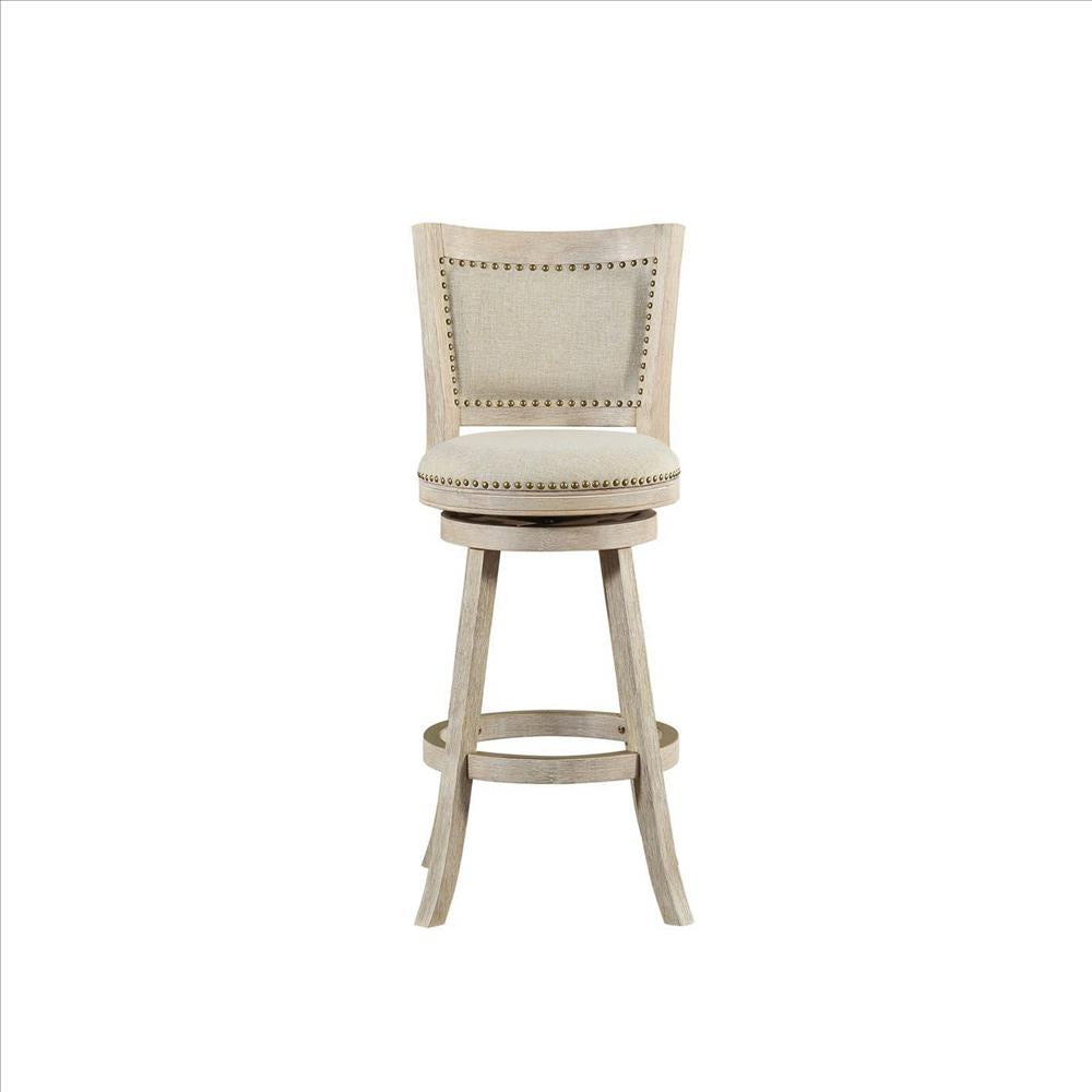 Benjara 29 Inch Curved Back Wooden Swivel Bar Stool With Nailhead Trim, Gray