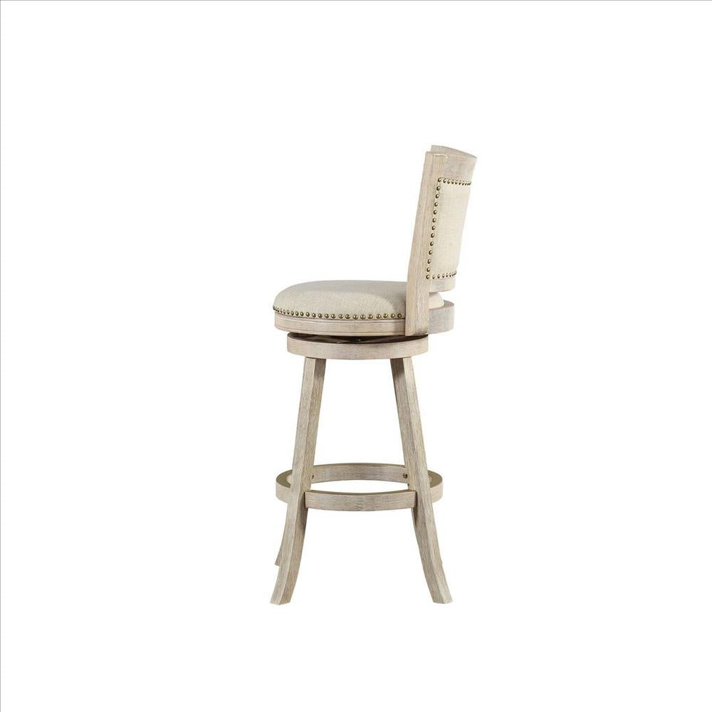 Benjara 29 Inch Curved Back Wooden Swivel Bar Stool With Nailhead Trim, Gray