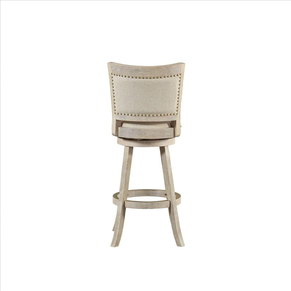 Benjara 29 Inch Curved Back Wooden Swivel Bar Stool With Nailhead Trim, Gray