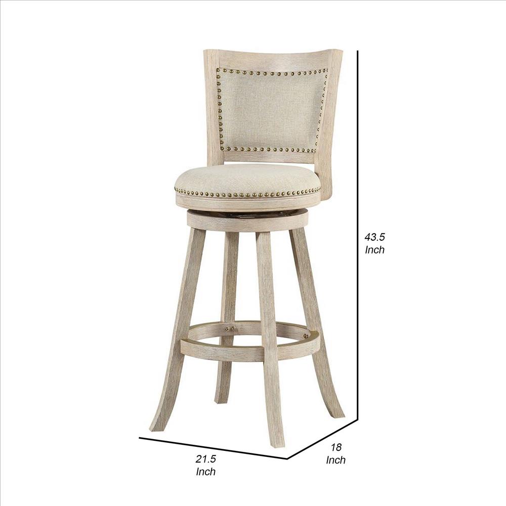 Benjara 29 Inch Curved Back Wooden Swivel Bar Stool With Nailhead Trim, Gray